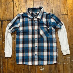 DKNY Button‎ Up Shirt Boys Size 5 Multi Plaid Flannel Long Sleeves Collared